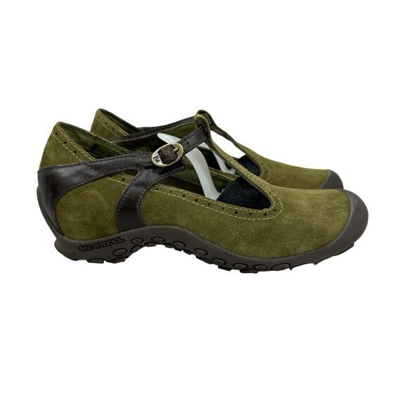 MERRELL Plaza Women’s Size 8.5 Olive Green Strap Suede Leather Ankle Wedge Shoes - Picture 1 of 14